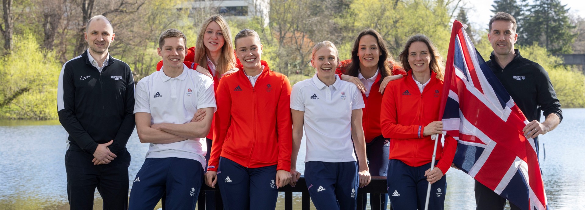 (l-r, front row) David Bond, Head of Performance Sport at the University of Stirling, Duncan Scott, Katie Shanahan, Lucy Hope, Kathleen Dawson, (l-r, back row) Keanna Macinnes, Angharad Evans, and Steve Tigg, Head Performance Swim Coach at the University of Stirling