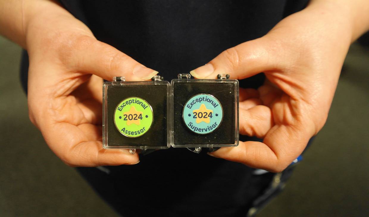 A close up image of a pair of hands holding two awards badges