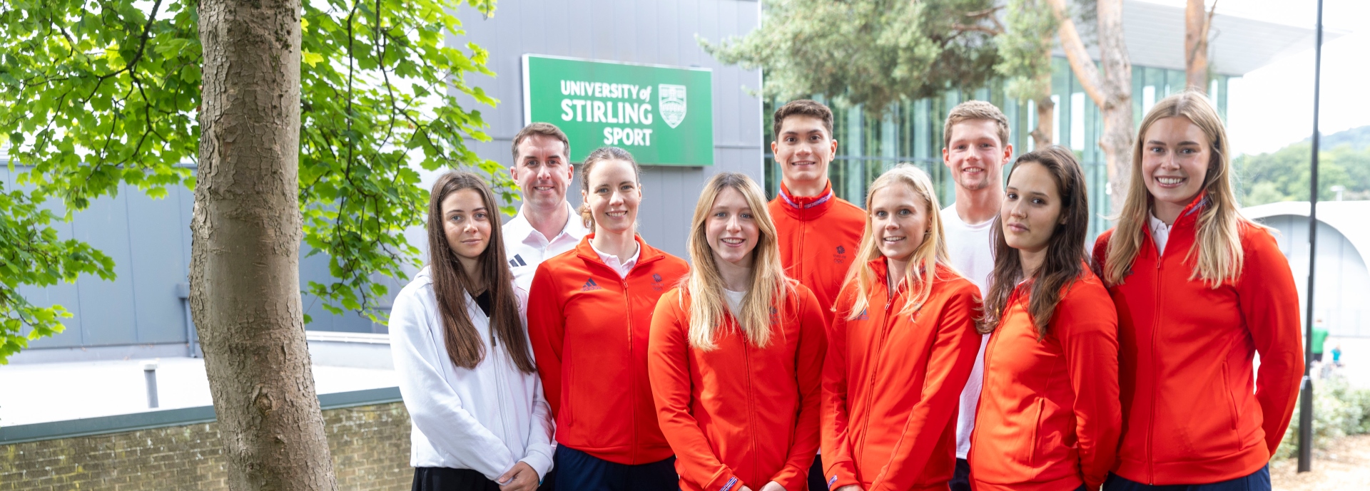 Stirling's eight Olympians outside the University of Stirling Sports Centre.