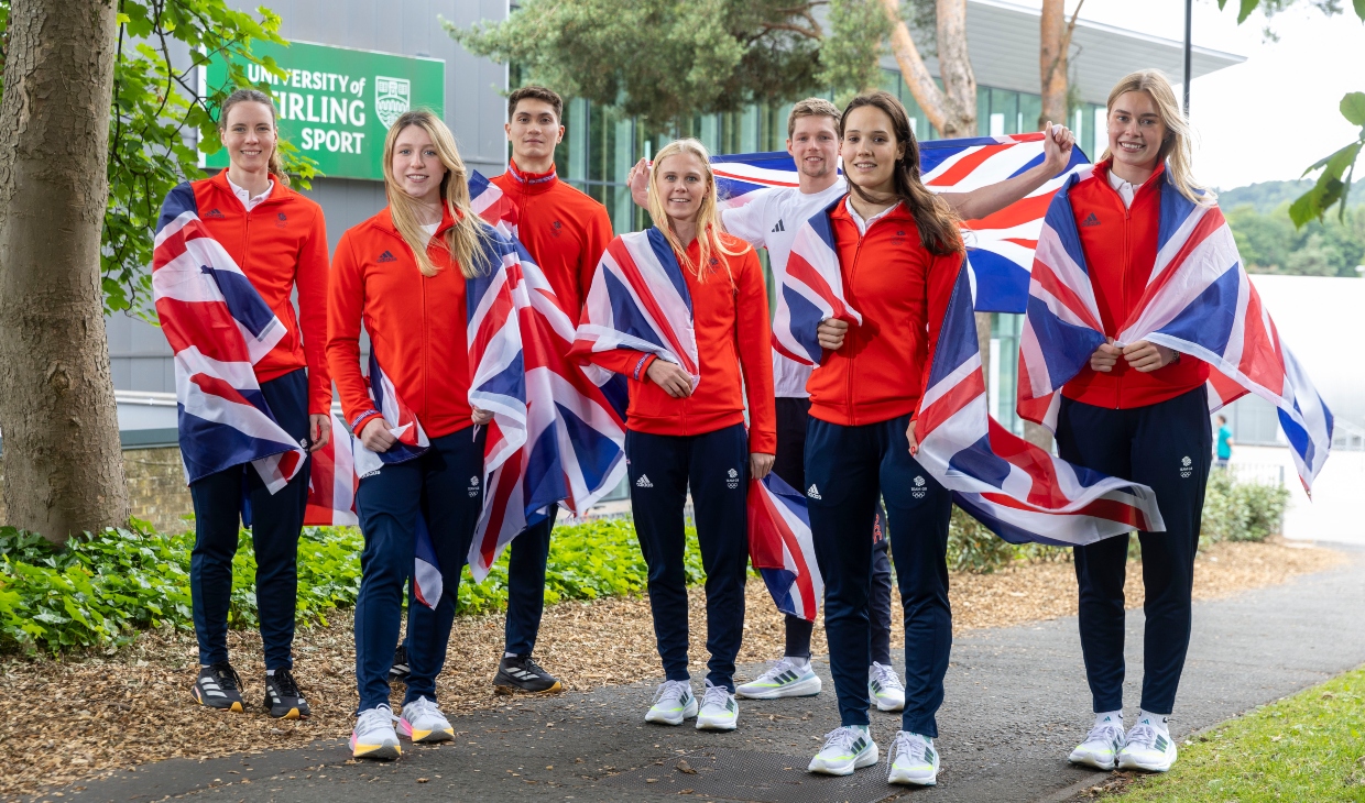 University of Stirling Team GB athletes pose outside Sports Centre.
